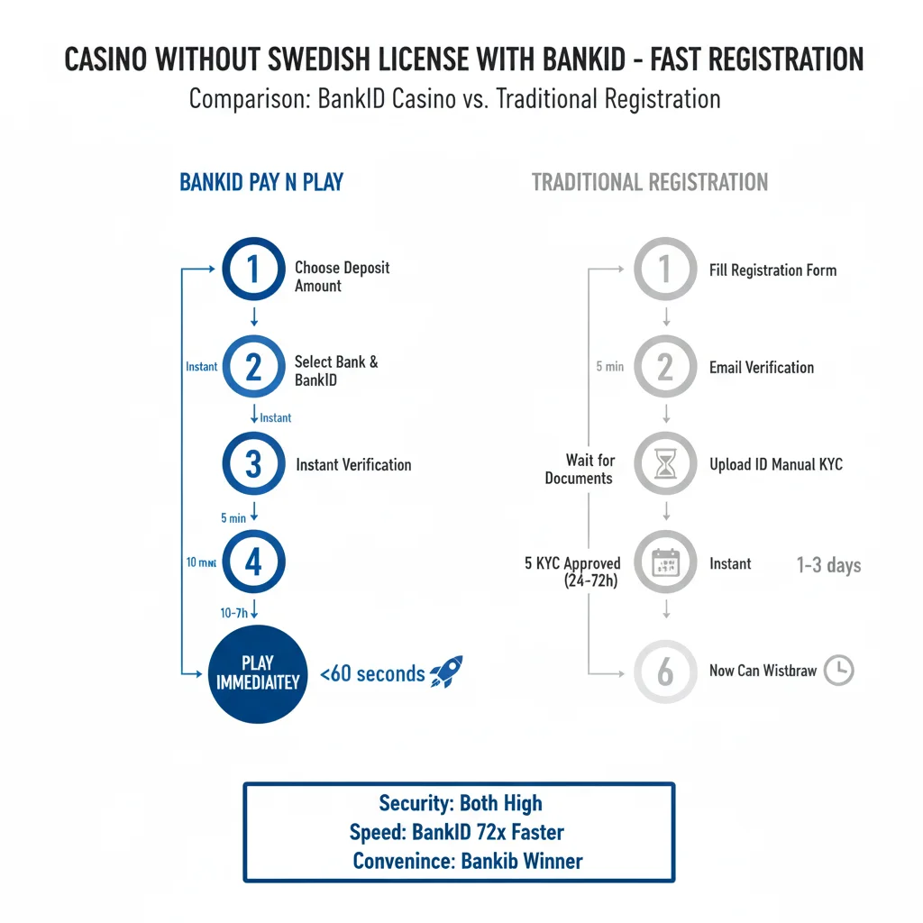 BankID Pay N Play registrering under 60 sekunder spela direkt mot traditionell registrering 1-3 dagar väntan på KYC-godkännande, BankID 72 gånger snabbare