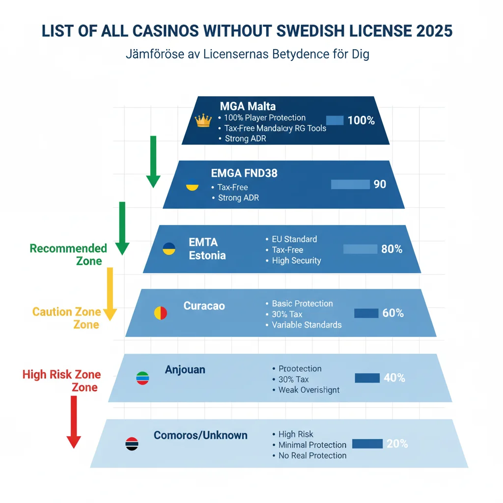 Licensranking för svenska spelare: MGA Malta 100% säkerhet skattefri, EMTA Estland 85% EU-standard, Curacao 60% grundskydd 30% skatt, Anjouan 40% hög risk