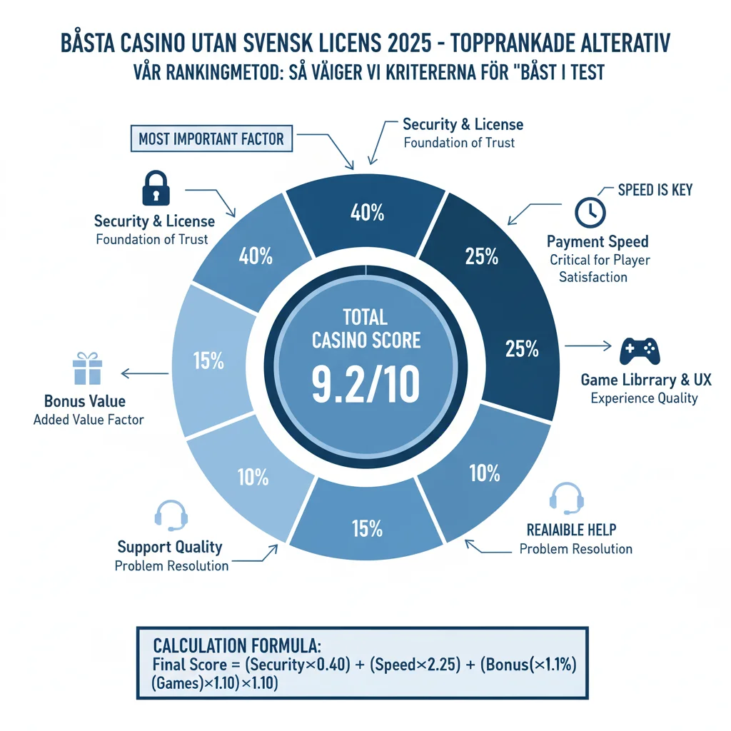 Vår rankingmetod för bästa casino: Säkerhet och licens 40%, Uttagshastighet 25%, Bonusvärde 15%, Spelutbud 10%, Support 10% ger totalt betyg 9.2 av 10