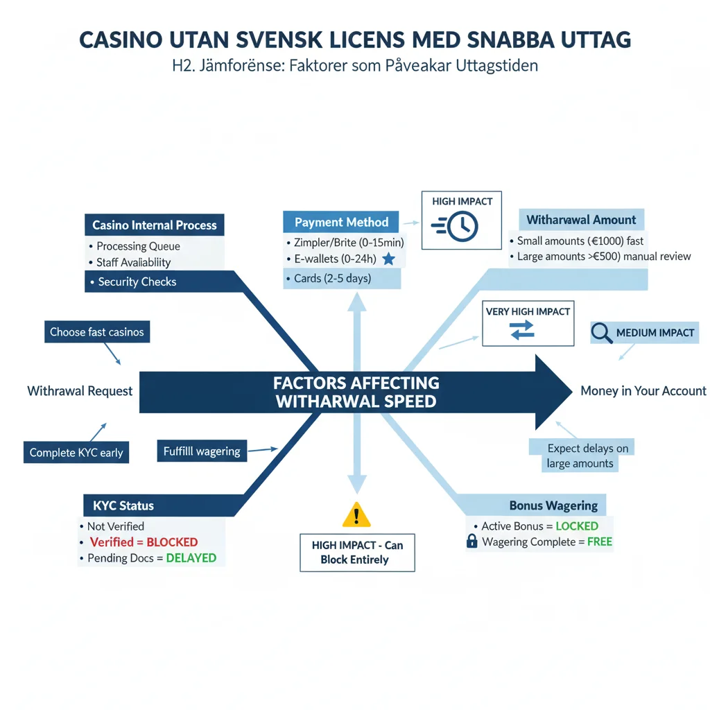 Faktorer som påverkar uttagstid: KYC-verifiering hög påverkan kan blockera, Zimpler Brite 0-15 min snabbast, Kort 2-5 dagar, Bonusomsättning kan låsa, Casinots internbehandling 0-72h