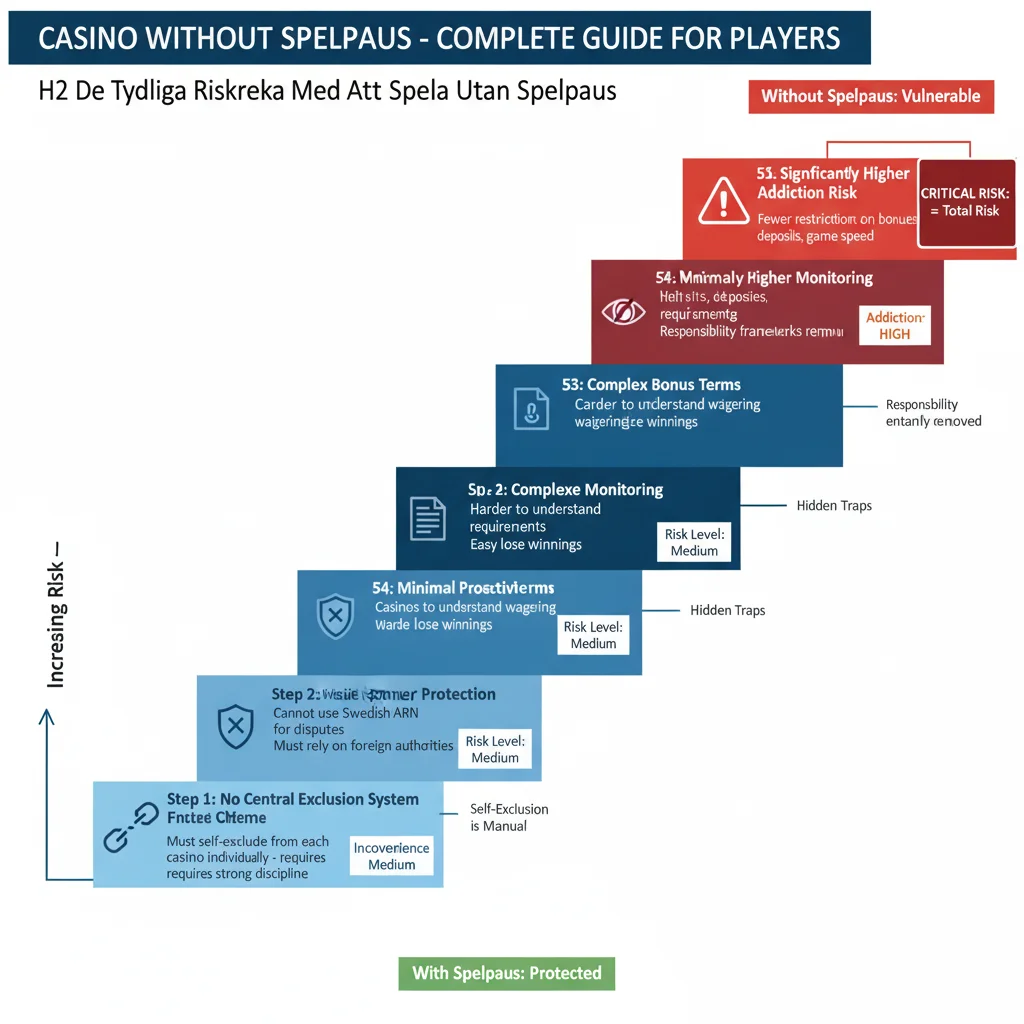 Risker utan Spelpaus trappdiagram: Ingen central avstängning medium risk, Svagare konsumentskydd medium, Komplexa bonusvillkor medelhög, Minimal övervakning hög beroendefrisk, Betydligt högre spelberoende kritisk risk