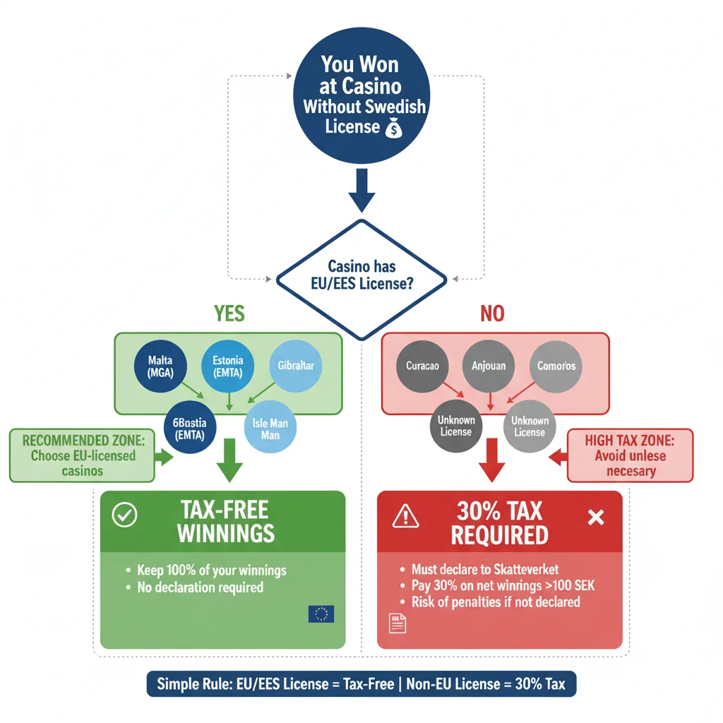 Skatt på casinovinster för svenskar: EU-licens Malta EMTA Gibraltar skattefri behåll 100%, Curacao Anjouan Comoros utanför EU 30% skatt måste deklarera till Skatteverket