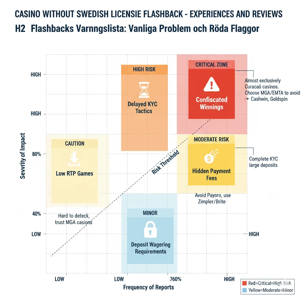 Flashback varningar riskmatris: Konfiskerade vinster 85% frekvens 95% allvar kritisk Curacao-casino Cashwin Goldspin, Försenad KYC 60% frekvens 80% allvar, Dolda avgifter Payoro 70% frekvens