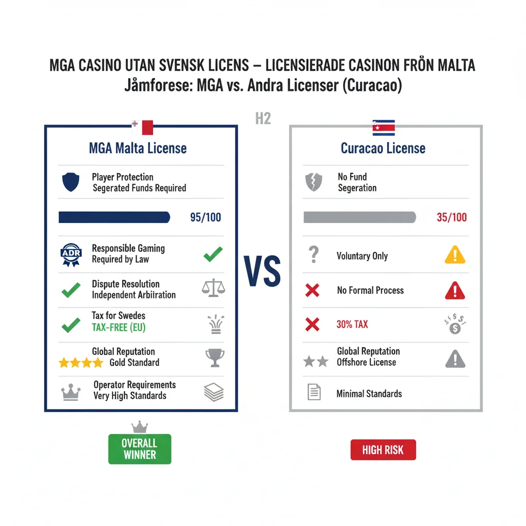 MGA Malta vs Curacao licens jämförelse: MGA 95% spelarskydd skattefri obligatorisk ADR 5 stjärnor vinnare, Curacao 35% skydd 30% skatt ingen ADR 2 stjärnor hög risk