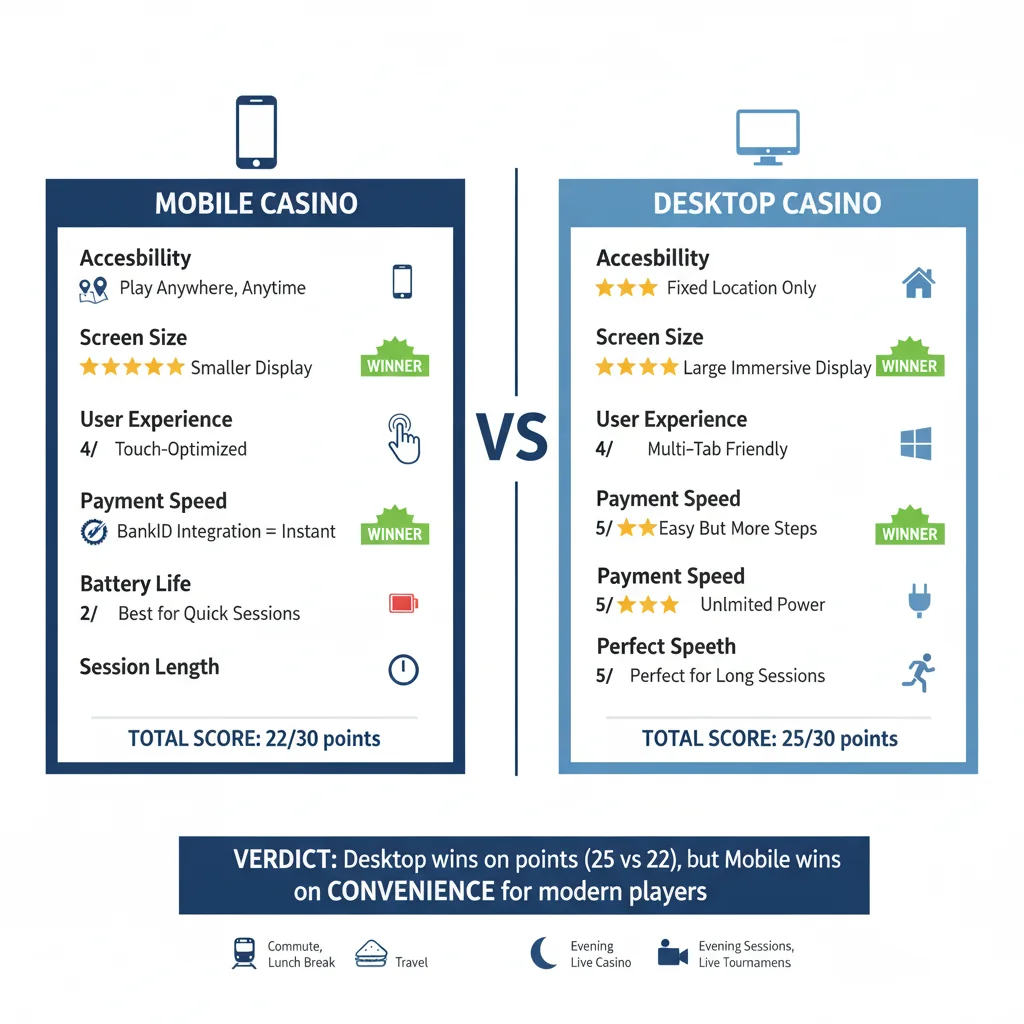 Mobilcasino vs Datorcasino jämförelse: Mobil 22 av 30 poäng tillgänglighet 5 stjärnor BankID snabbt batteri 2 stjärnor, Dator 25 poäng stor skärm 5 stjärnor obegränsad ström långsessioner