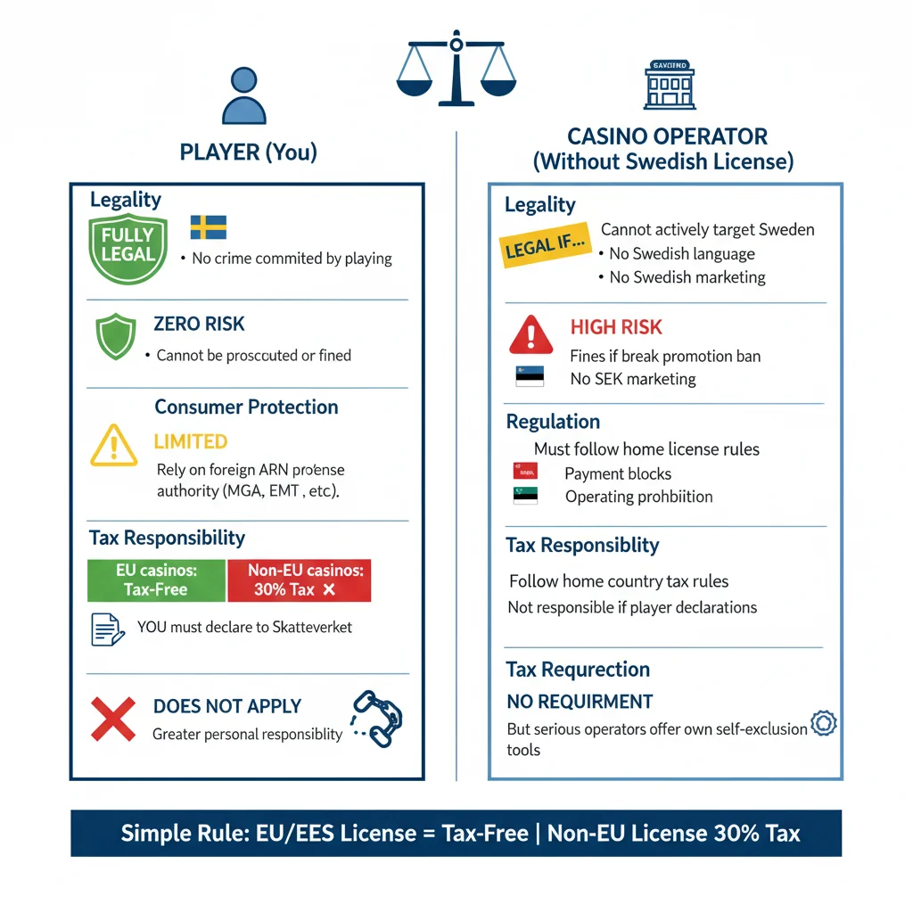Ansvarsfördelning spelare vs casino: Spelare fullt lagligt noll risk kan inte åtalas EU skattefri, Casino lagligt om inget aktivt riktat Sverige hög risk böter betalningsblock