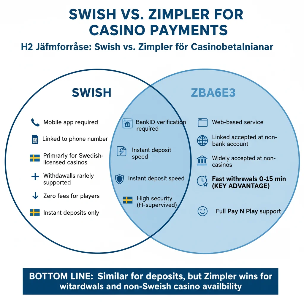 Swish vs Zimpler för casinobetalningar: Båda BankID noll avgifter direkta insättningar, Zimpler vinner med 0-15 min uttag och Pay N Play stöd, Swish sällan uttag