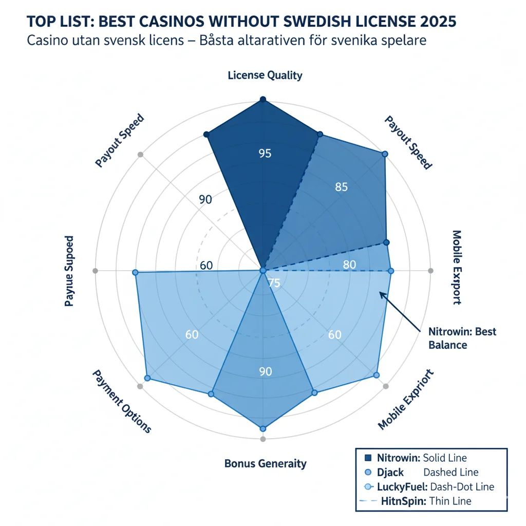 Jämförelse av topp 5 casino utan svensk licens: Nitrowin leder med MGA-licens 100 poäng, Djack 92 poäng snabba uttag, LuckyFuel 90 poäng bästa bonus