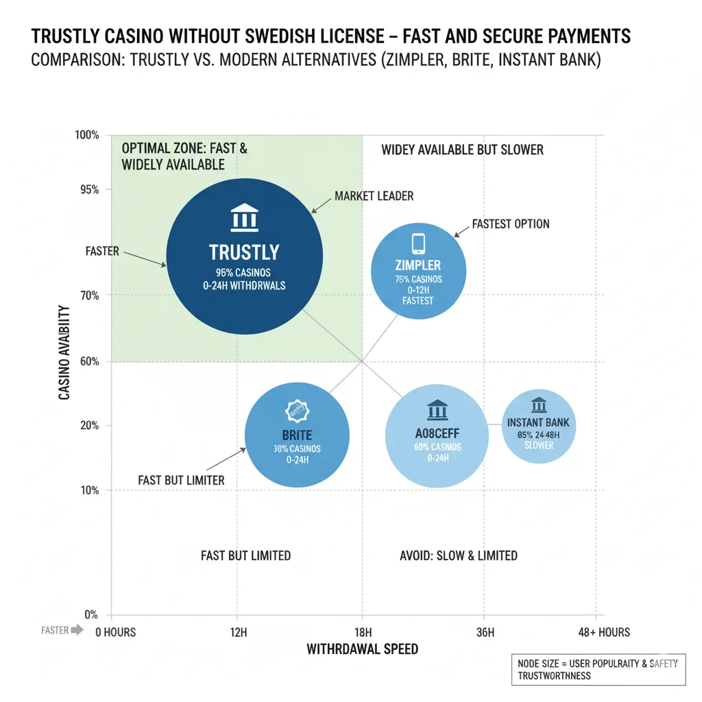 Betalningsmetoder jämförelse: Trustly 95% casino 12h uttag marknadsledare, Zimpler 75% casino 6h snabbast, Brite 60% casino 18h, Instant Bank 85% casino 36h långsammast