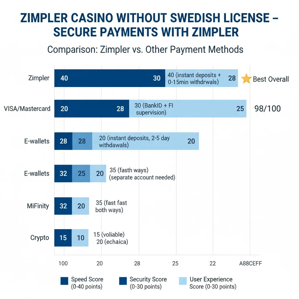 Betalningsmetoder totalbetyg: Zimpler 98 av 100 bäst hastighet 40 säkerhet 30 användarvänlighet 28, E-wallets 80 poäng, VISA 73 poäng, Crypto 45 poäng
